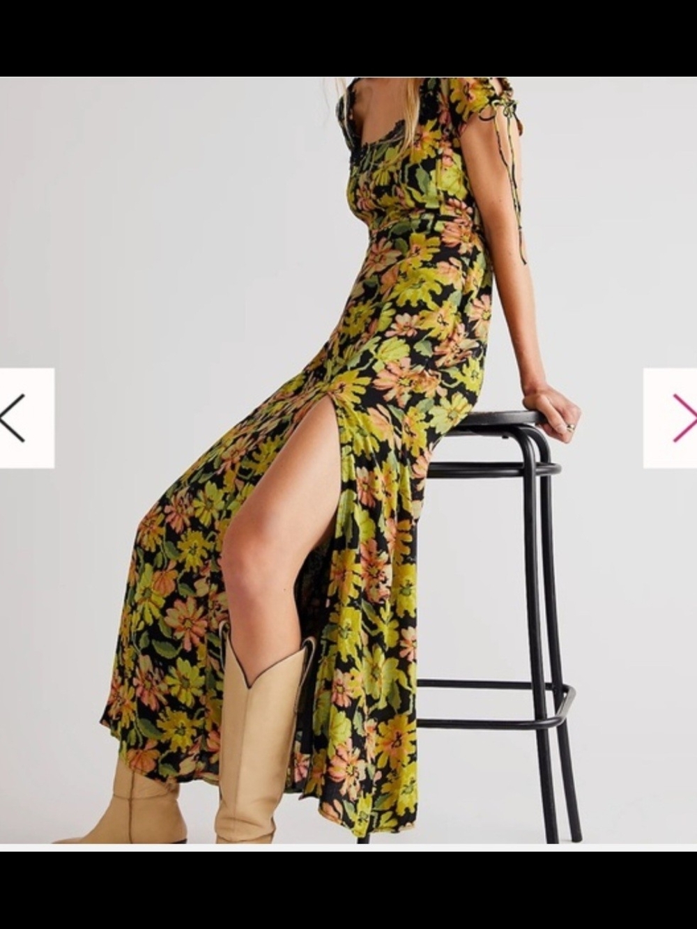 Free People Pippa Floral Maxi Dress XS Black Yellow Lace Square Neck.